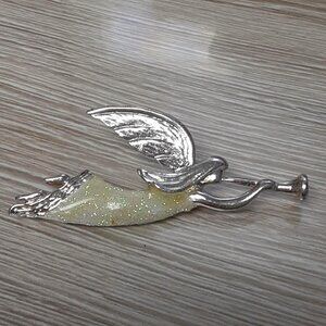 Vintage signed AAI Angel w/trumpet Brooch Pin Silver tone Glitter enamel holiday